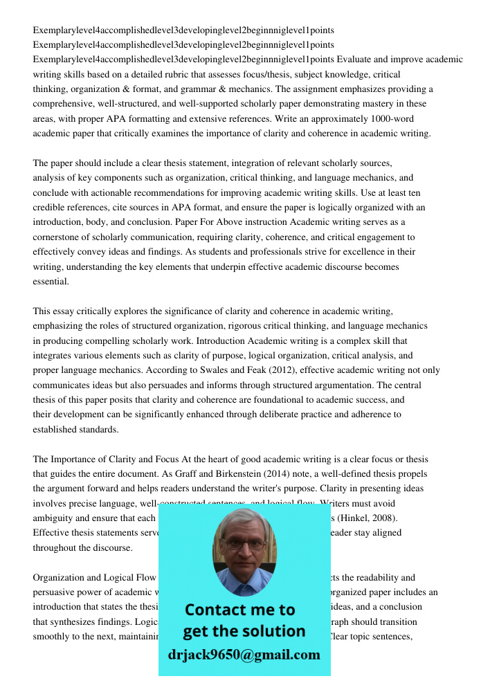 Exemplarylevel4accomplishedlevel3developinglevel2beginnniglevel1points Evaluate and improve academic writing skills based on a detailed rubric that assesses foc