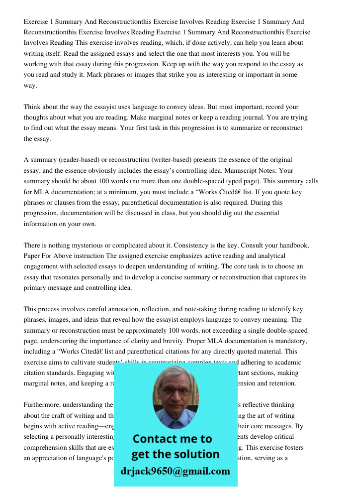 Exercise 1 Summary And Reconstructionthis Exercise Involves Reading This exercise involves reading, which, if done actively, can help you learn about writing it