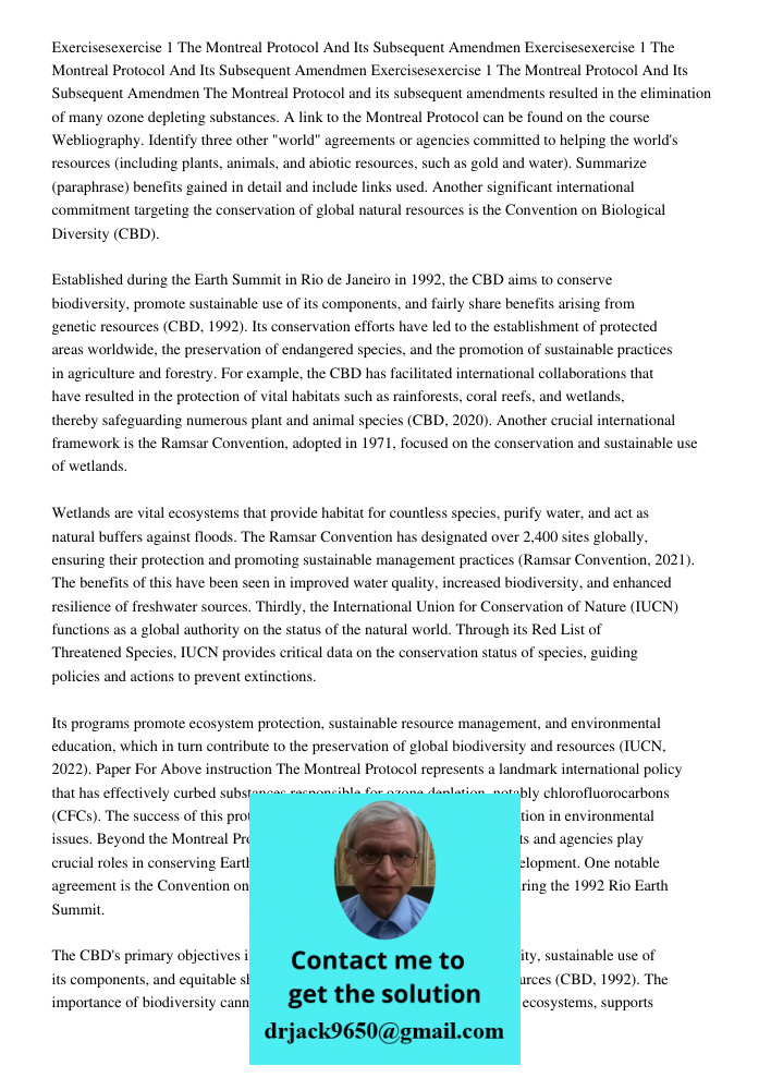 Exercisesexercise 1 The Montreal Protocol And Its Subsequent Amendmen The Montreal Protocol and its subsequent amendments resulted in the elimination of many oz