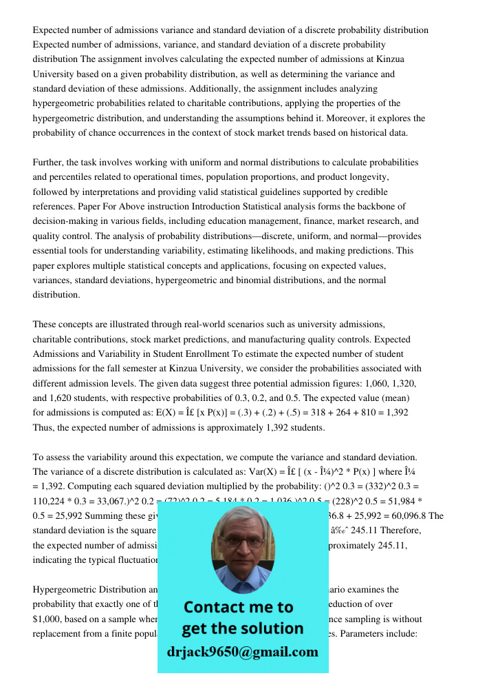 The assignment involves calculating the expected number of admissions at Kinzua University based on a given probability distribution, as well as determining the