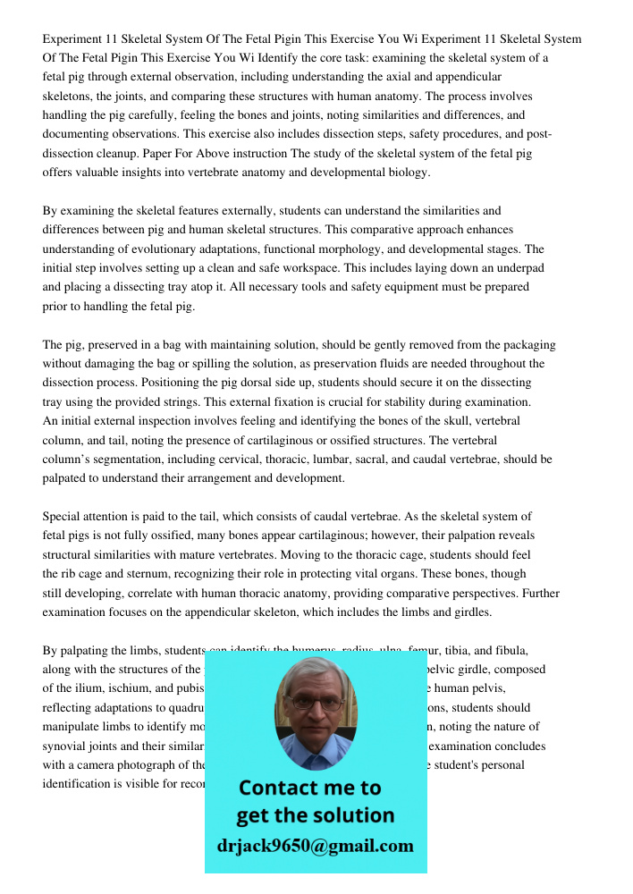 Identify the core task: examining the skeletal system of a fetal pig through external observation, including understanding the axial and appendicular skeletons,