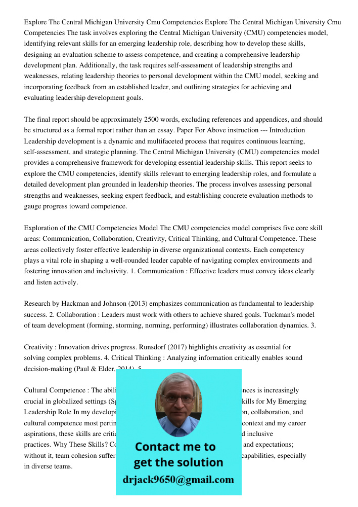 The task involves exploring the Central Michigan University (CMU) competencies model, identifying relevant skills for an emerging leadership role, describing ho