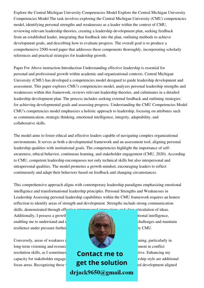 The task involves exploring the Central Michigan University (CMU) competencies model, identifying personal strengths and weaknesses as a leader within the conte