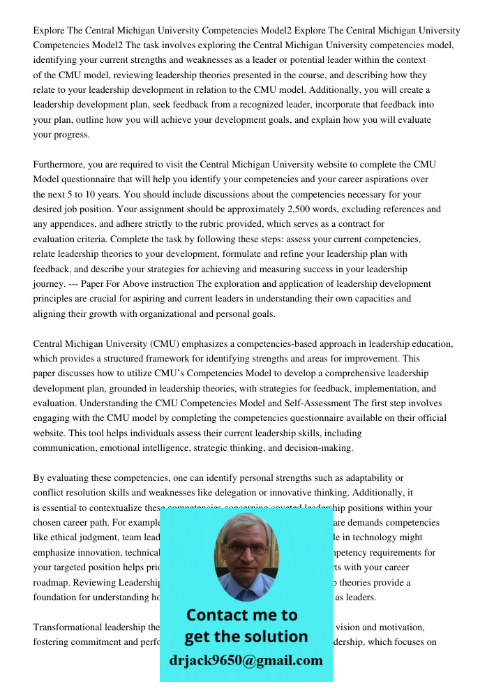 The task involves exploring the Central Michigan University competencies model, identifying your current strengths and weaknesses as a leader or potential leade