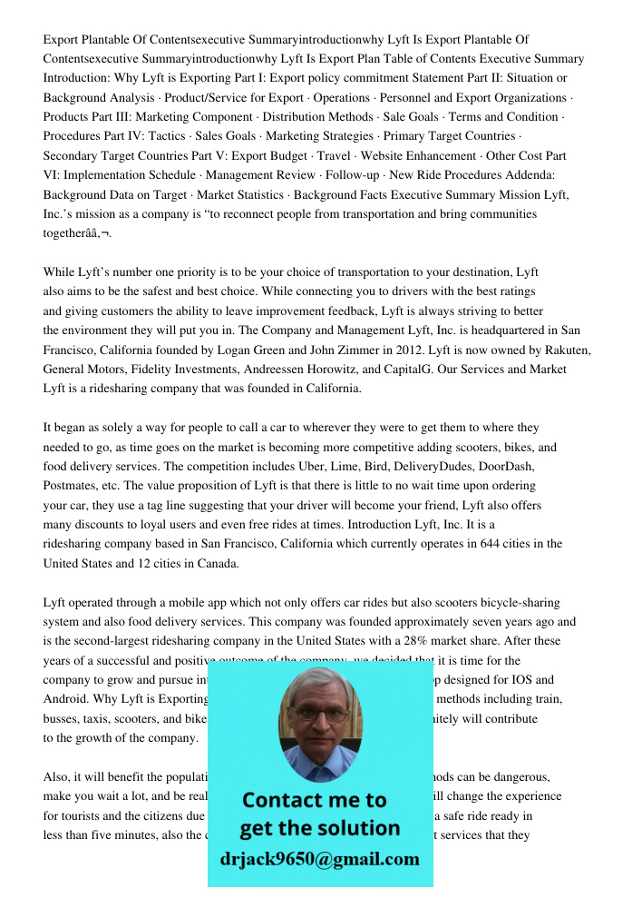 Export Plan Table of Contents Executive Summary Introduction: Why Lyft is Exporting Part I: Export policy commitment Statement Part II: Situation or Background 