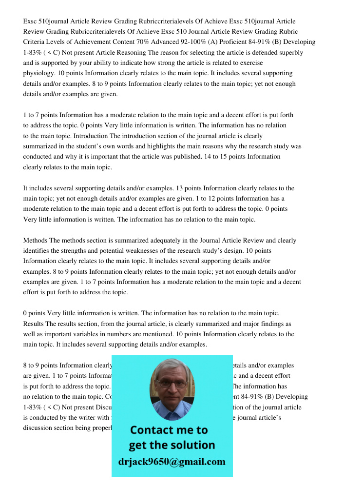 Exsc 510 Journal Article Review Grading Rubric Criteria Levels of Achievement Content 70% Advanced 92-100% (A) Proficient 84-91% (B) Developing 1-83% ( < C) Not