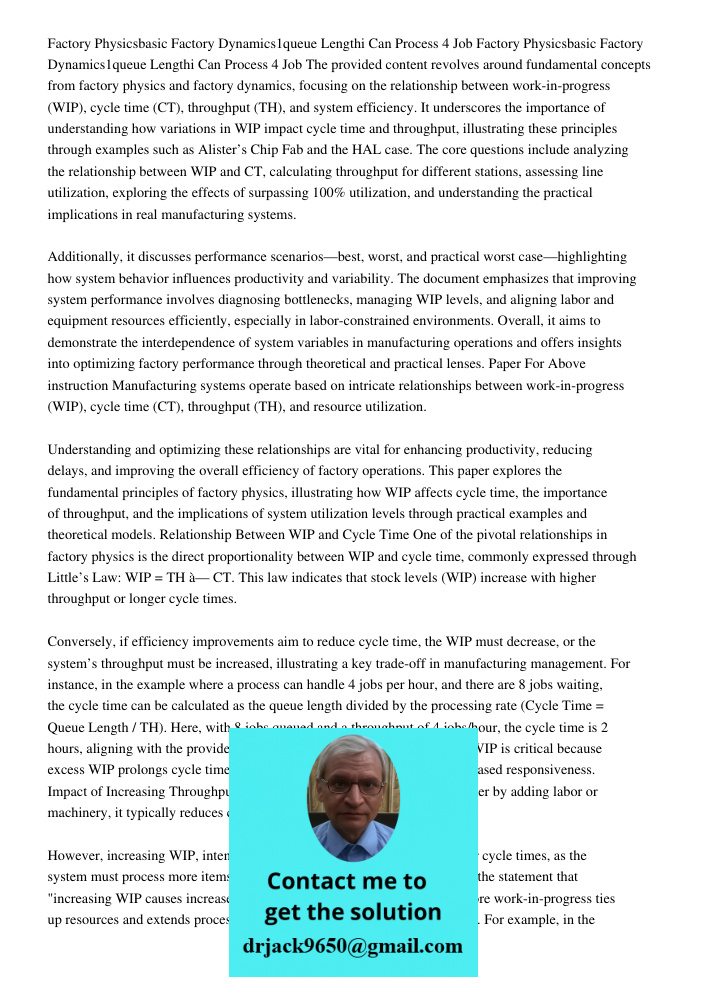 The provided content revolves around fundamental concepts from factory physics and factory dynamics, focusing on the relationship between work-in-progress (WIP)