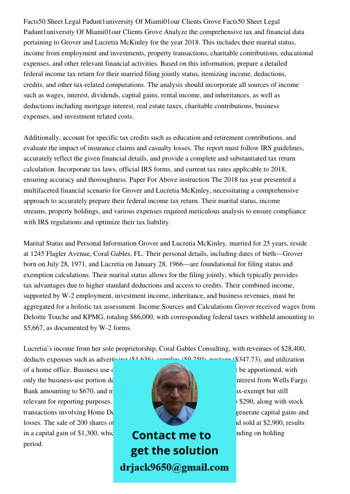 Analyze the comprehensive tax and financial data pertaining to Grover and Lucretia McKinley for the year 2018. This includes their marital status, income from e