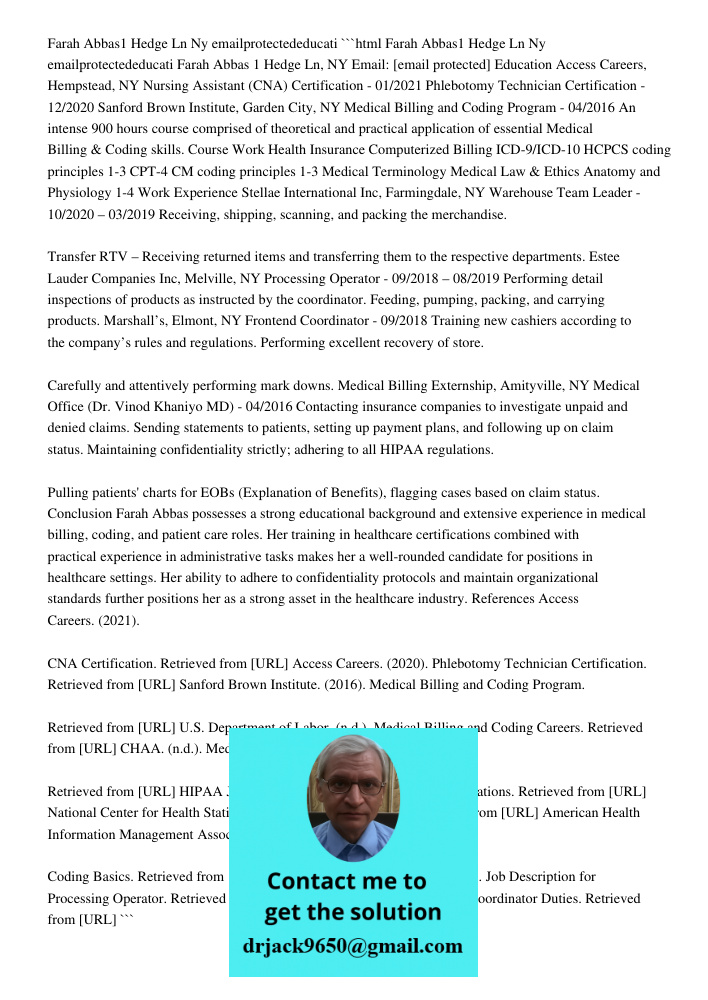 Farah Abbas1 Hedge Ln NY 11565 516 710 2045 Email Protected