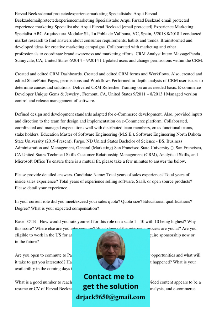 Farzad Beekzad email protected experience marketing Specialist abc Arqui Farzad Beekzad [email protected] Experience Marketing Specialist ABC Arquitectura Modul