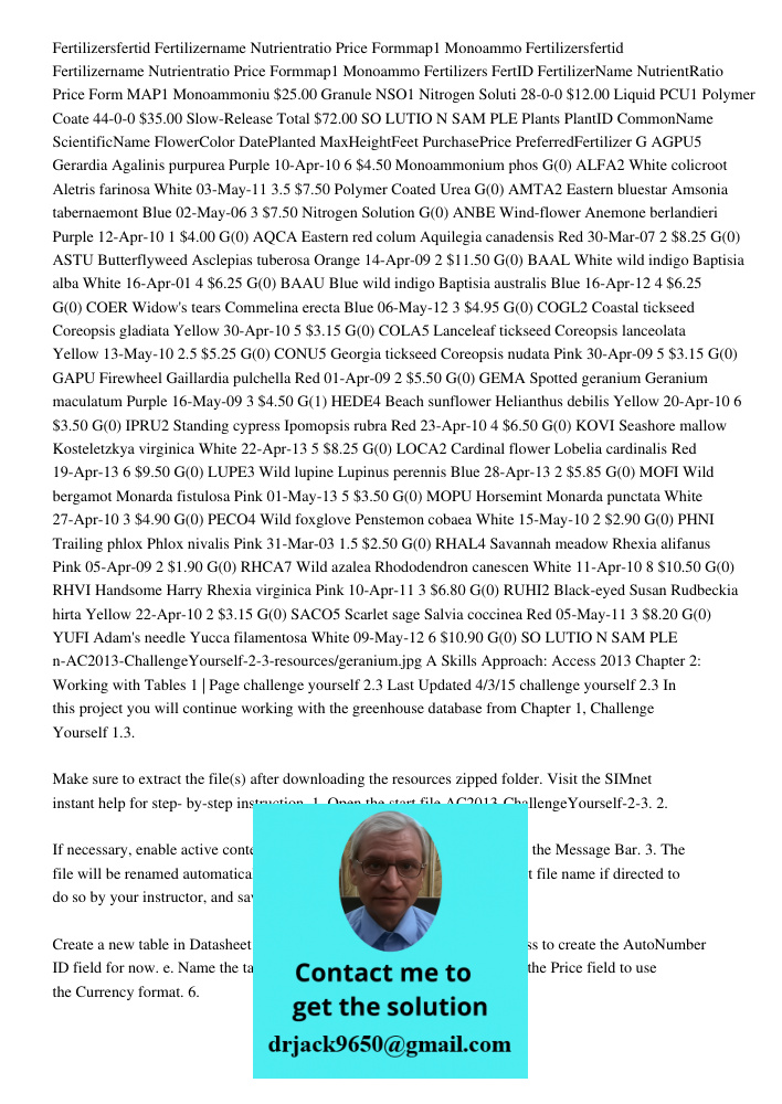 Fertilizers FertID FertilizerName NutrientRatio Price Form MAP1 Monoammoniu $25.00 Granule NSO1 Nitrogen Soluti 28-0-0 $12.00 Liquid PCU1 Polymer Coate 44-0-0 $