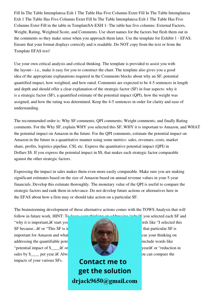 Fill In The Table Intemplatesa Exh 1 The Table Has Five Columns Exter Fill in the table in TemplateSA-EXH 1- The table has five columns: External Factors, Weigh