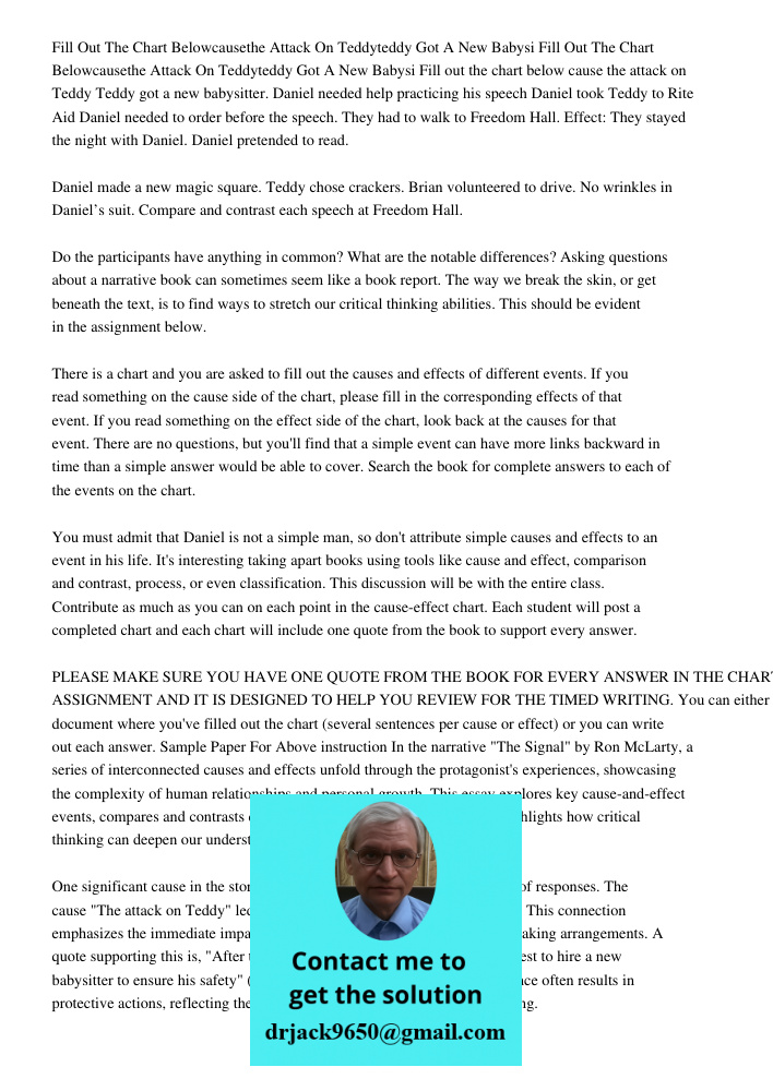 Fill out the chart below cause the attack on Teddy Teddy got a new babysitter. Daniel needed help practicing his speech Daniel took Teddy to Rite Aid Daniel nee