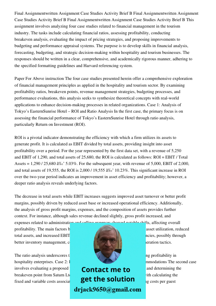 Final Assignmentwritten Assignment Case Studies Activity Brief B This assignment involves analyzing four case studies related to financial management in the tou