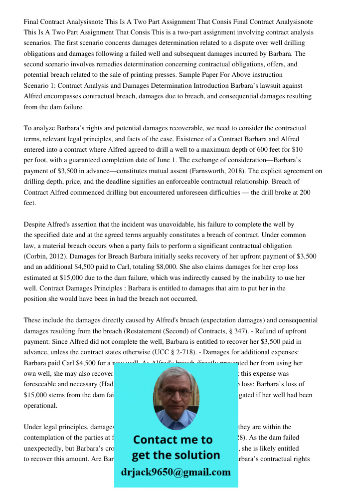 This is a two-part assignment involving contract analysis scenarios. The first scenario concerns damages determination related to a dispute over well drilling o