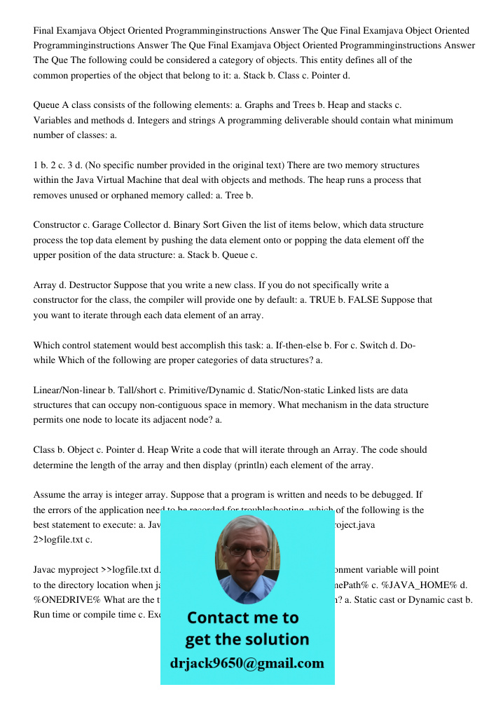 Final Examjava Object Oriented Programminginstructions Answer The Que The following could be considered a category of objects. This entity defines all of the co