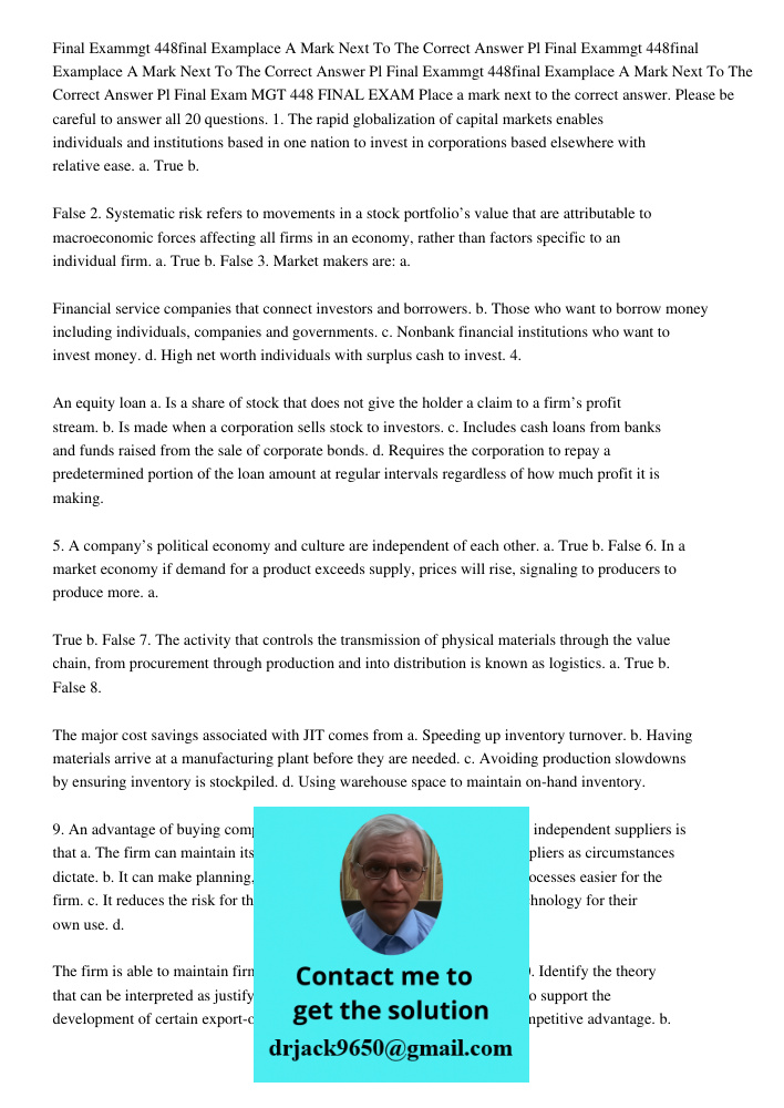 Final Exammgt 448final Examplace A Mark Next To The Correct Answer Pl Final Exam MGT 448 FINAL EXAM Place a mark next to the correct answer. Please be careful t