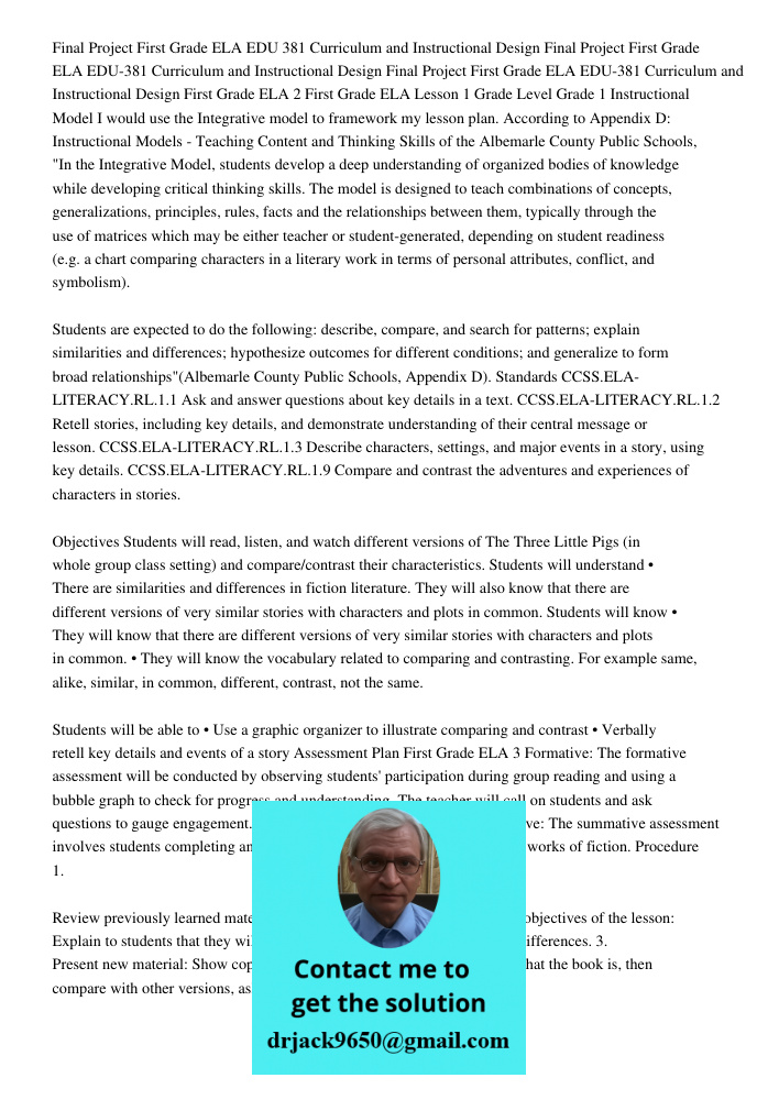 Final Project First Grade ELA EDU-381 Curriculum and Instructional Design First Grade ELA 2 First Grade ELA Lesson 1 Grade Level Grade 1 Instructional Model I w