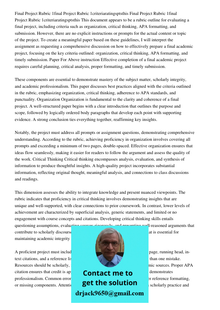 This document appears to be a rubric outline for evaluating a final project, including criteria such as organization, critical thinking, APA formatting, and sub