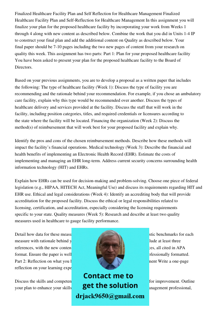 In this assignment you will finalize your plan for the proposed healthcare facility by incorporating your work from Weeks 1 through 4 along with new content as 