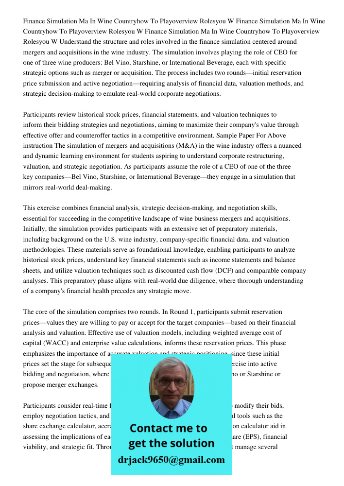 Finance Simulation Ma In Wine Countryhow To Playoverview Rolesyou W Understand the structure and roles involved in the finance simulation centered around merger