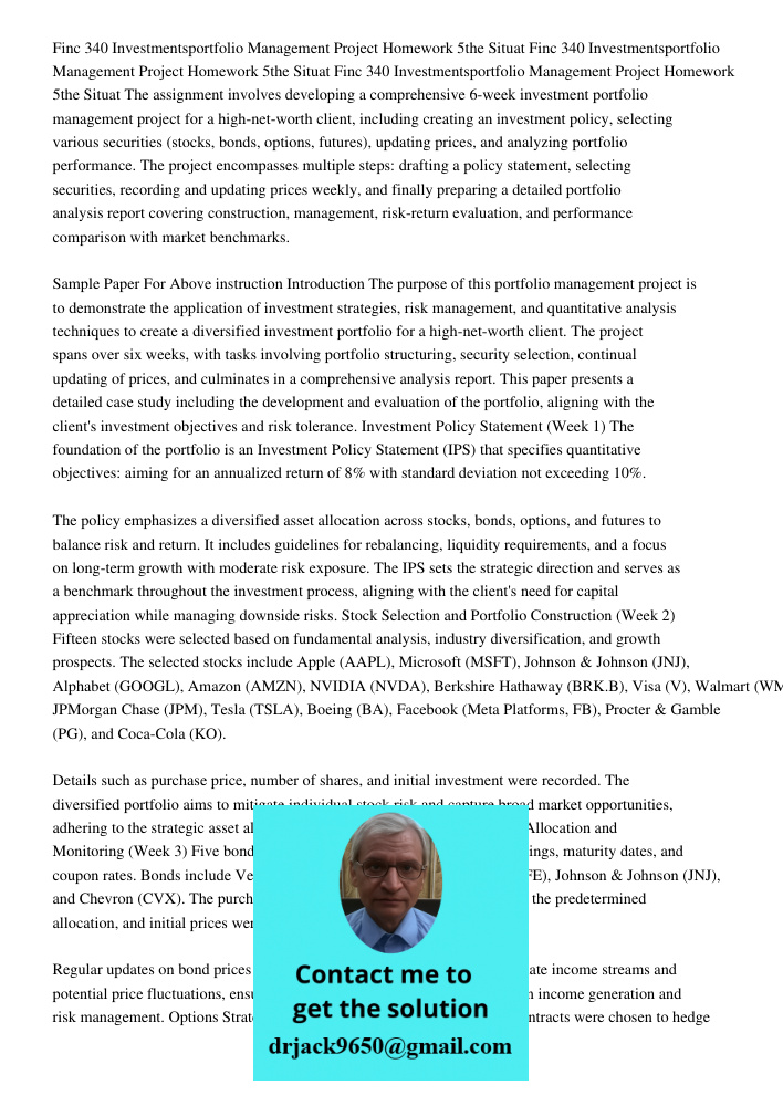 Finc 340 Investmentsportfolio Management Project Homework 5the Situat The assignment involves developing a comprehensive 6-week investment portfolio management 