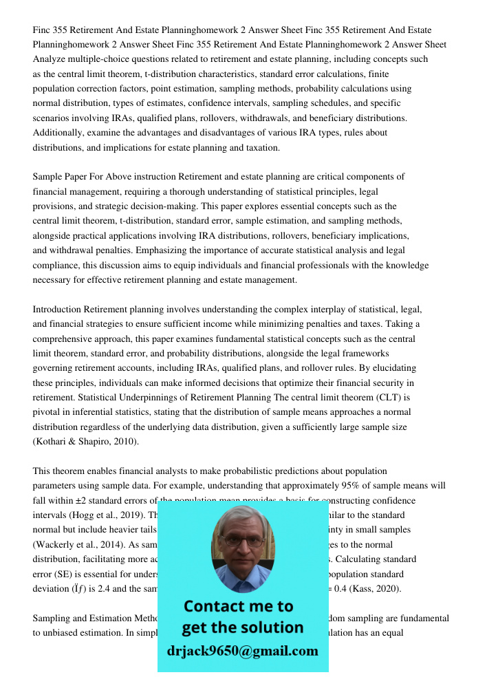 Finc 355 Retirement And Estate Planninghomework 2 Answer Sheet Analyze multiple-choice questions related to retirement and estate planning, including concepts s