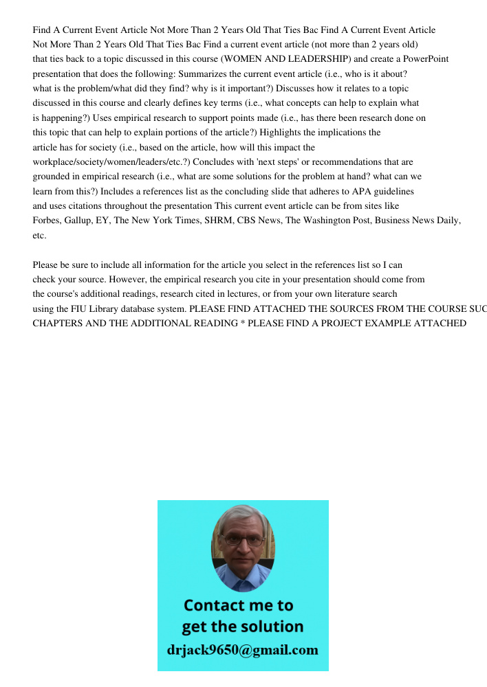 Find a current event article (not more than 2 years old) that ties back to a topic discussed in this course (WOMEN AND LEADERSHIP) and create a PowerPoint prese