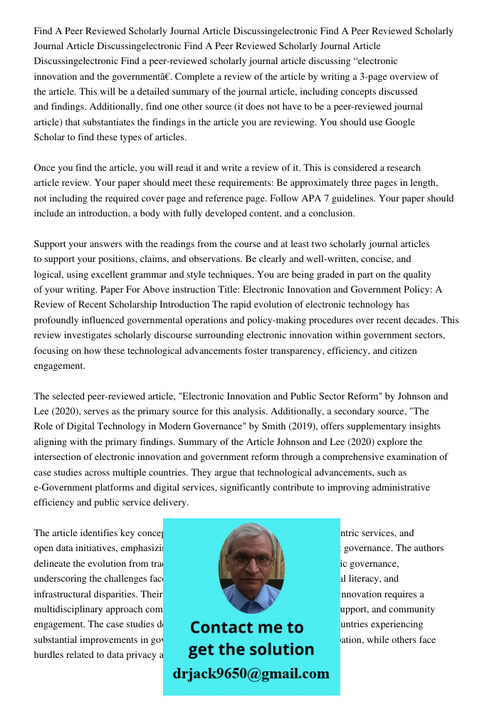 Find A Peer Reviewed Scholarly Journal Article Discussingelectronic Find a peer-reviewed scholarly journal article discussing “electronic innovation and the gov