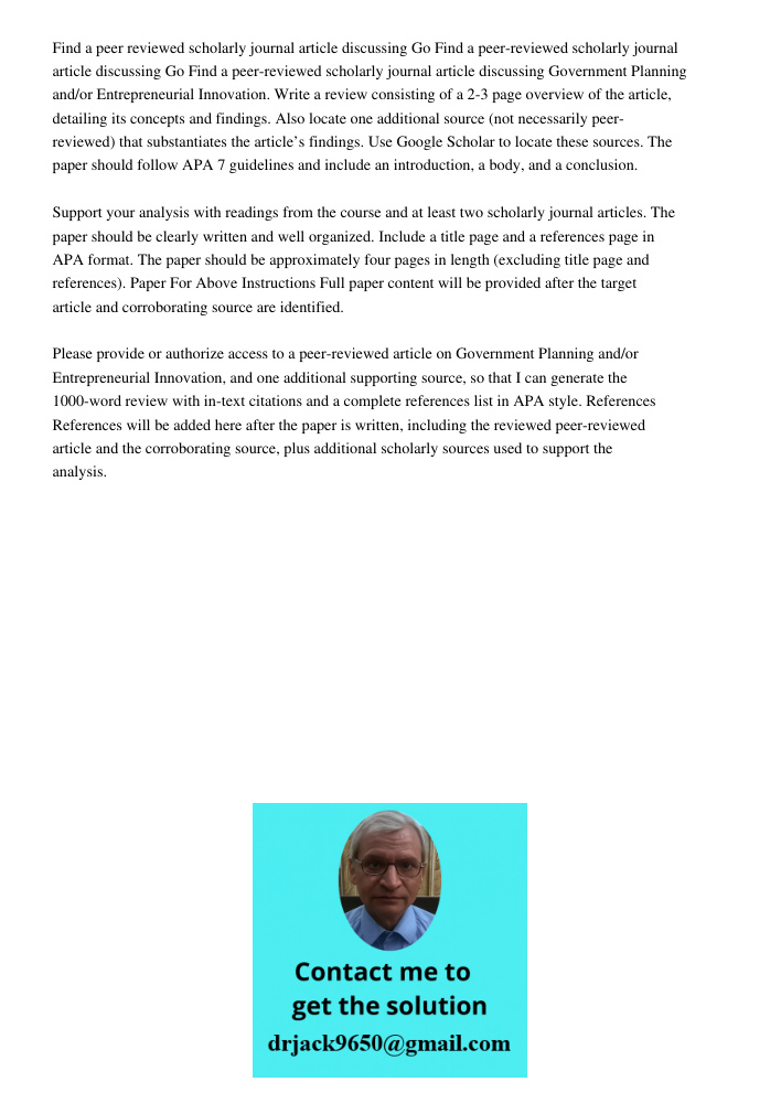 Find a peer-reviewed scholarly journal article discussing Government Planning and/or Entrepreneurial Innovation. Write a review consisting of a 2-3 page overvie