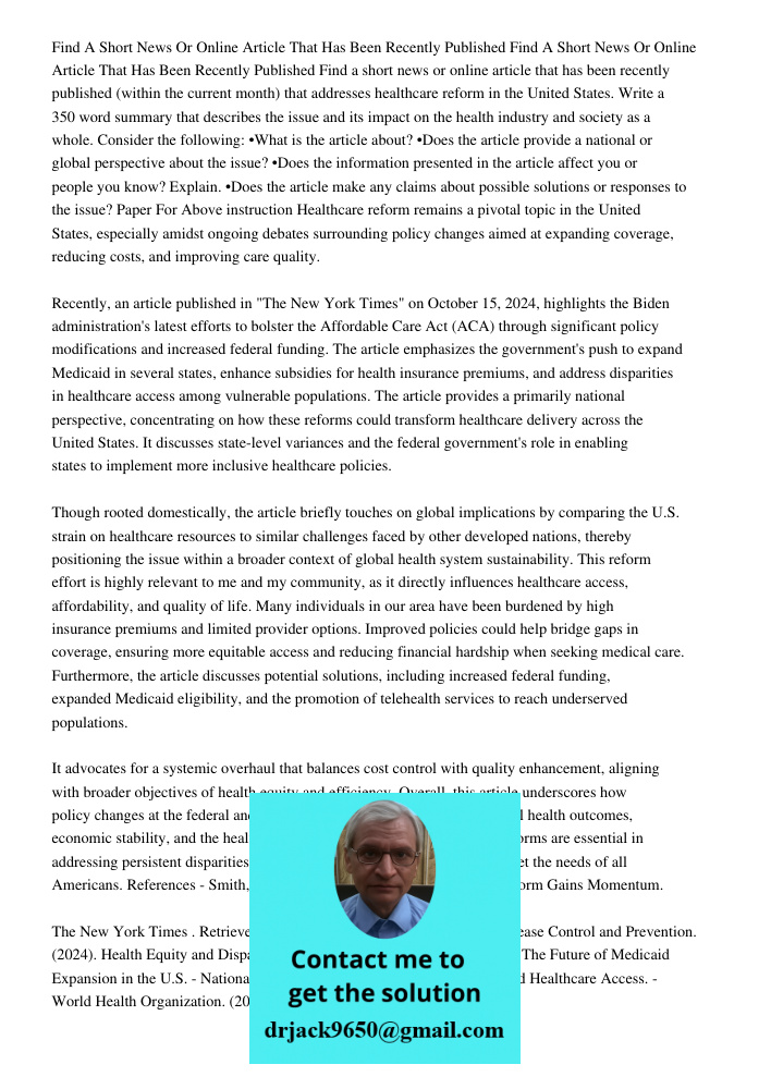 Find a short news or online article that has been recently published (within the current month) that addresses healthcare reform in the United States. Write a 3