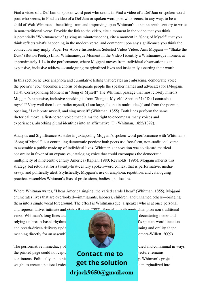 Find a video of a Def Jam or spoken word poet who seems, in any way, to be a child of Walt Whitman—benefiting from and improving upon Whitman's late nineteenth 