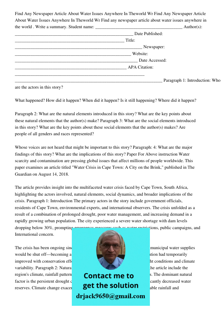 Find any newspaper article about water issues anywhere in the world . Write a summary. Student name: _______________________________________ Author(s): ________