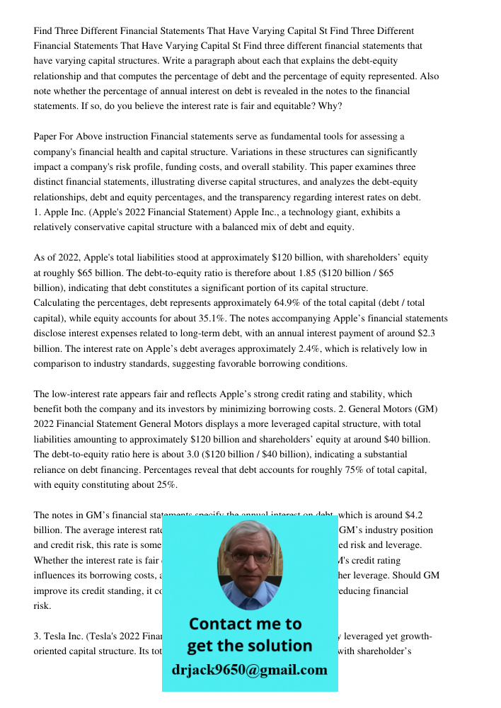 Find three different financial statements that have varying capital structures. Write a paragraph about each that explains the debt-equity relationship and that
