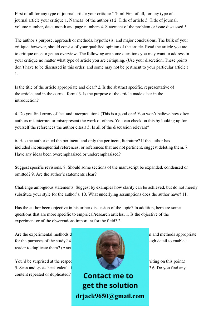 First Of All, Your Critique Of Any Journal Article