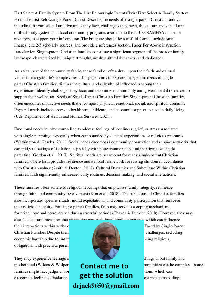 Describe the needs of a single-parent Christian family, including the various cultural dynamics they face, challenges they meet, the culture and subculture of t