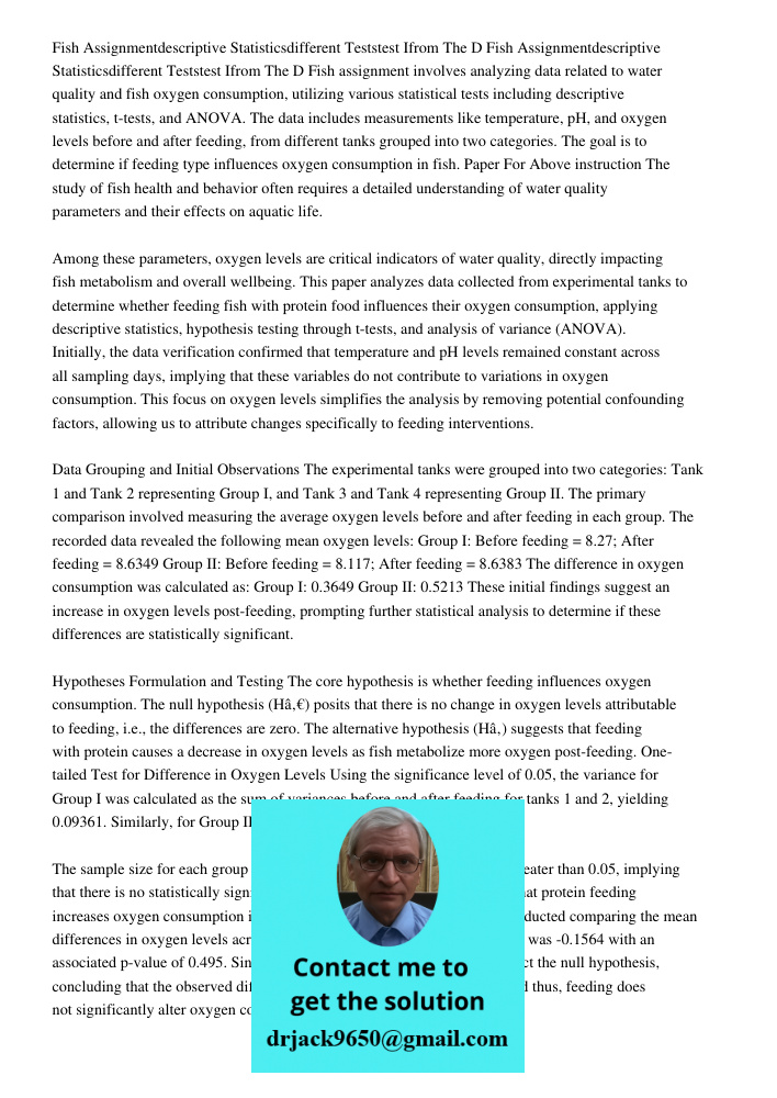Fish assignment involves analyzing data related to water quality and fish oxygen consumption, utilizing various statistical tests including descriptive statisti