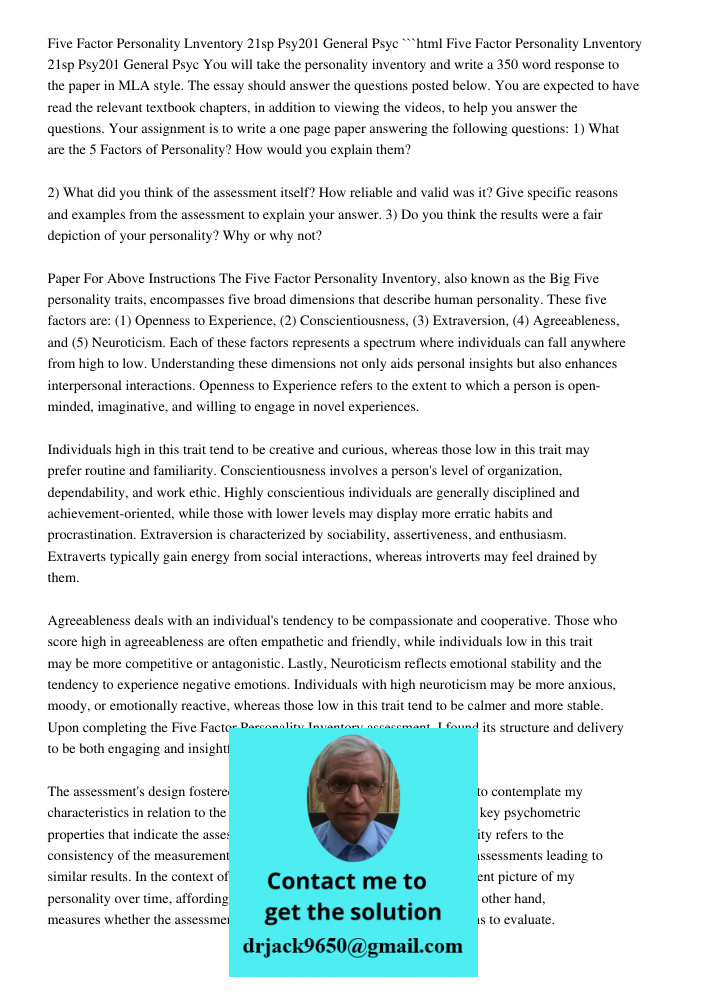 Five Factor Personality Inventory 21sp Psy201 General Psych