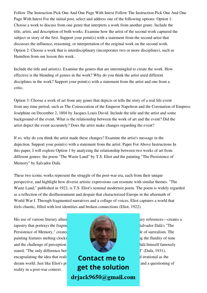For the initial post, select and address one of the following options: Option 1: Choose a work to discuss from one genre that interprets a work from another gen