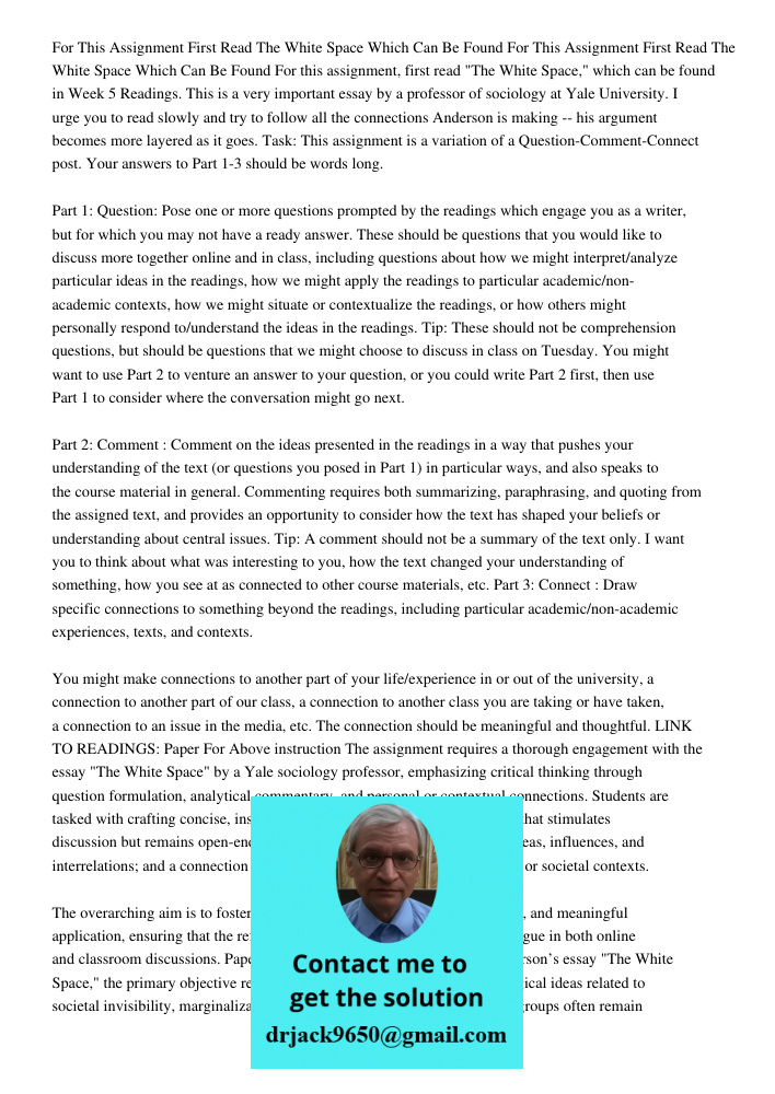 For this assignment, first read "The White Space," which can be found in Week 5 Readings. This is a very important essay by a professor of sociology at Yale Uni