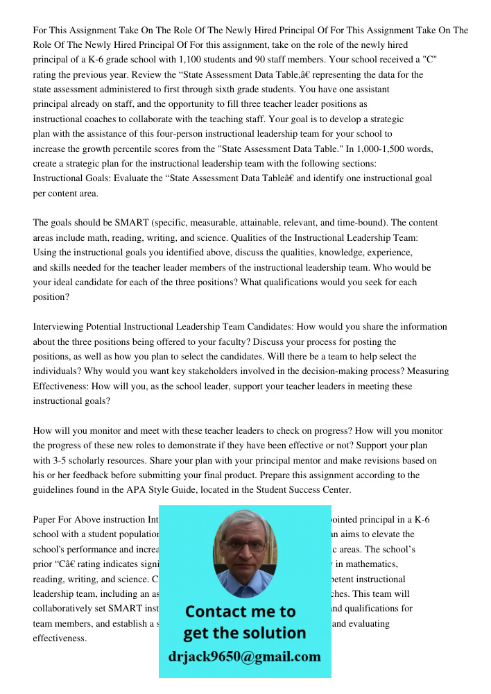 For this assignment, take on the role of the newly hired principal of a K-6 grade school with 1,100 students and 90 staff members. Your school received a "C" ra