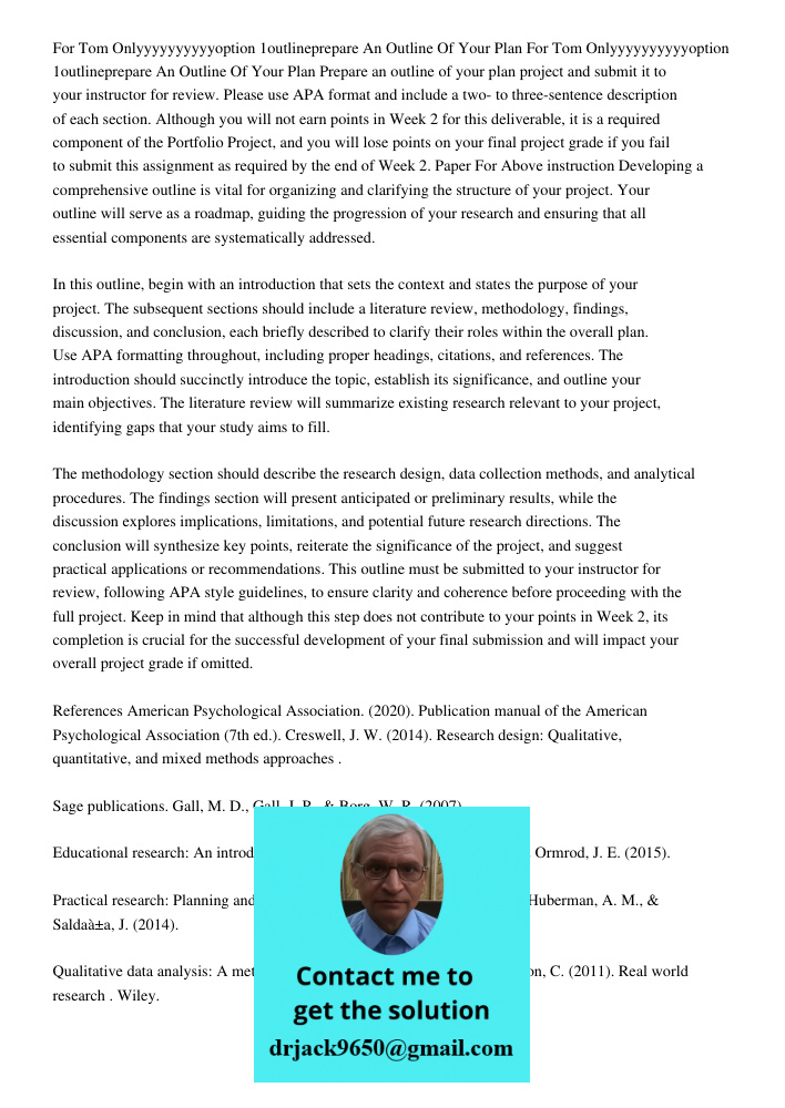 Prepare an outline of your plan project and submit it to your instructor for review. Please use APA format and include a two- to three-sentence description of e