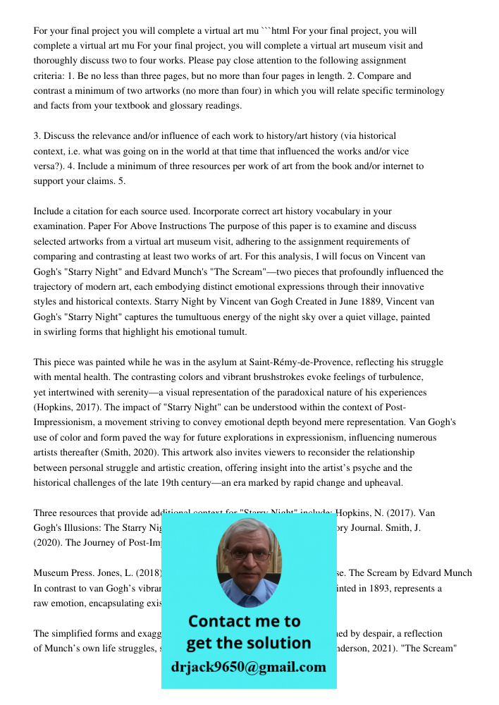 For Your Final Project, You Will Complete A Virtual Art Muse