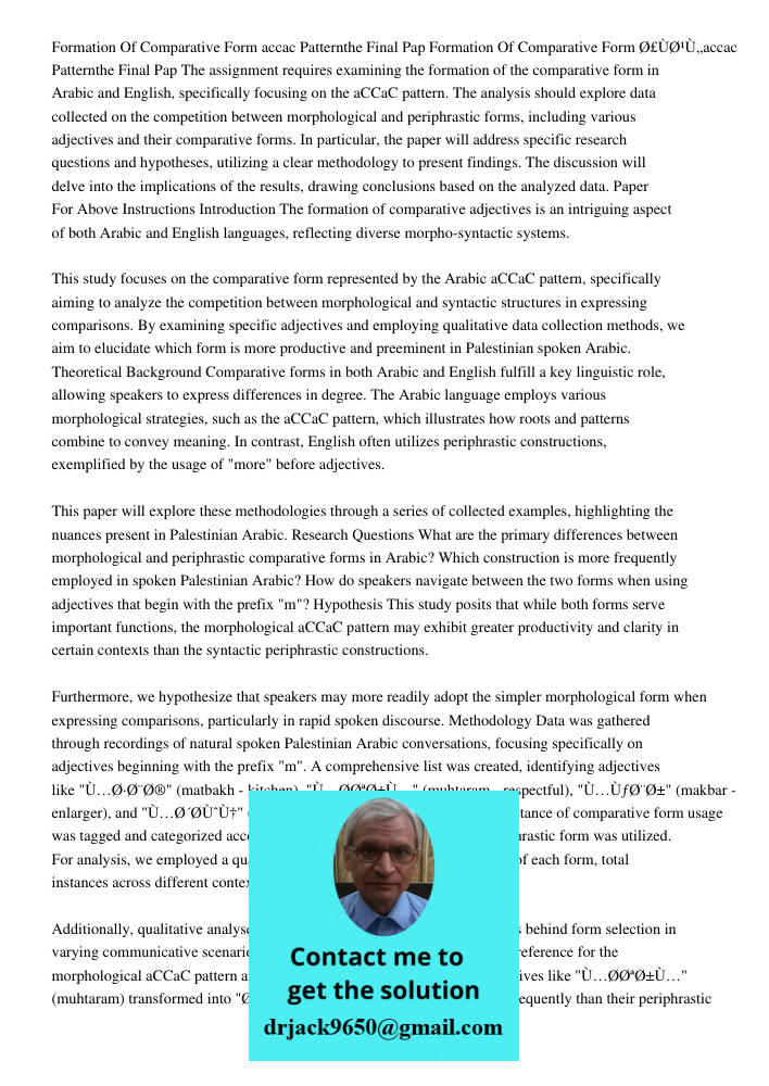 The assignment requires examining the formation of the comparative form in Arabic and English, specifically focusing on the aCCaC pattern. The analysis should e