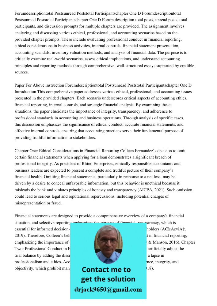 Forum description total posts, unread posts, total participants, and discussion prompts for multiple chapters are provided. The assignment involves analyzing an