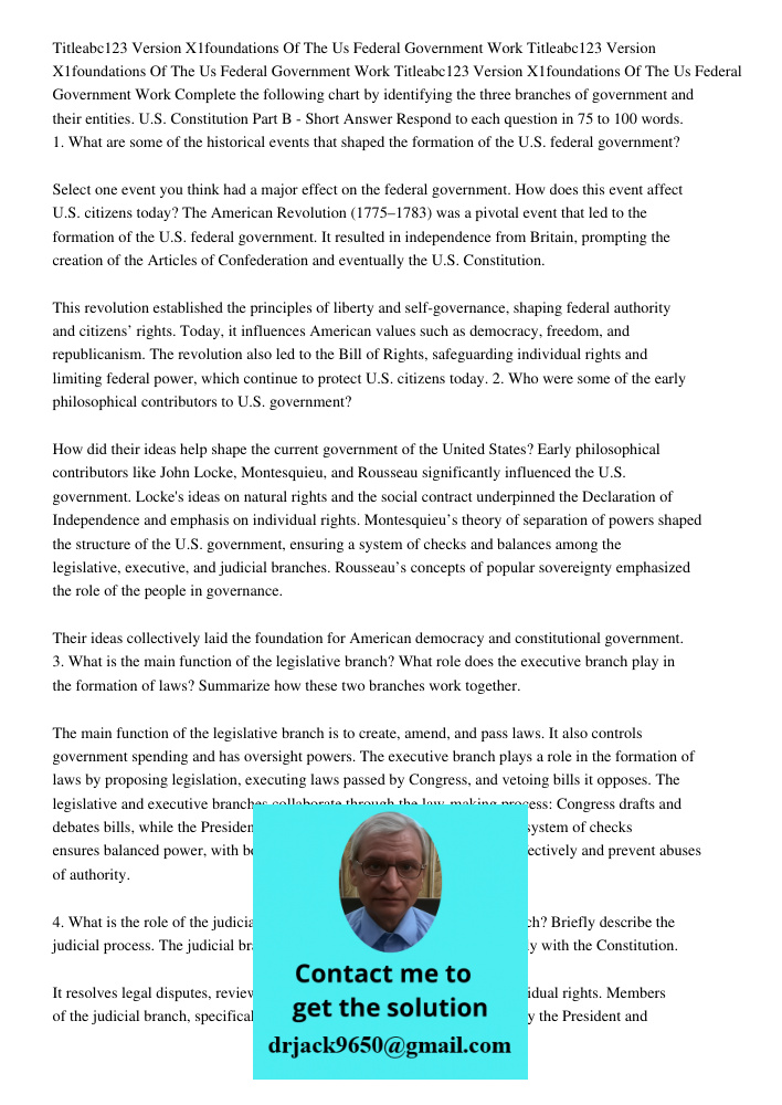 Titleabc123 Version X1foundations Of The Us Federal Government Work Complete the following chart by identifying the three branches of government and their entit