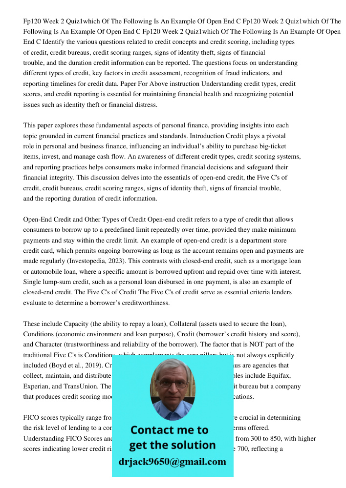 Fp120 Week 2 Quiz1which Of The Following Is An Example Of Open End C Identify the various questions related to credit concepts and credit scoring, including typ