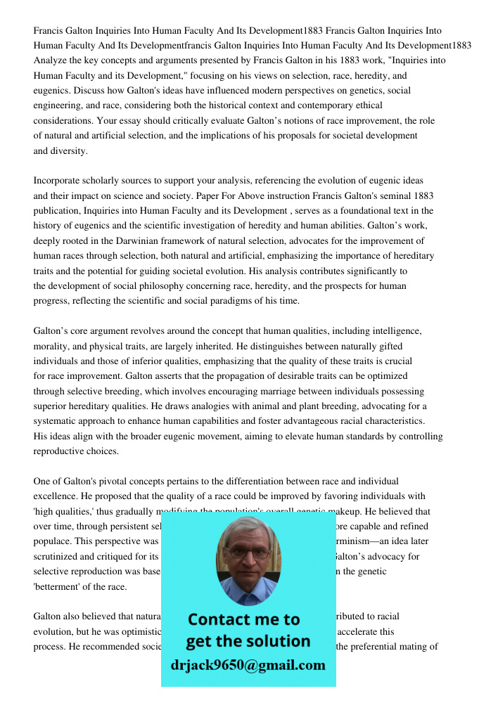 Francis Galton Inquiries Into Human Faculty And Its Development1883 Analyze the key concepts and arguments presented by Francis Galton in his 1883 work, "Inquir