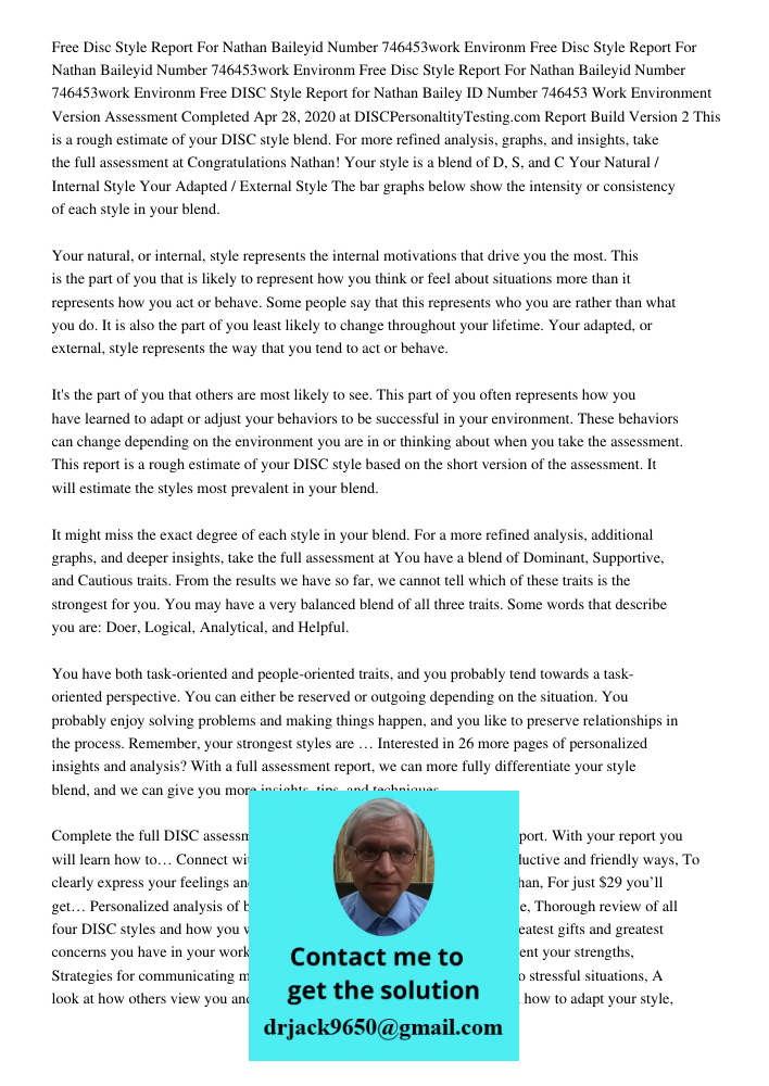 Free Disc Style Report For Nathan Baileyid Number 746453work Environm Free DISC Style Report for Nathan Bailey ID Number 746453 Work Environment Version Assessm