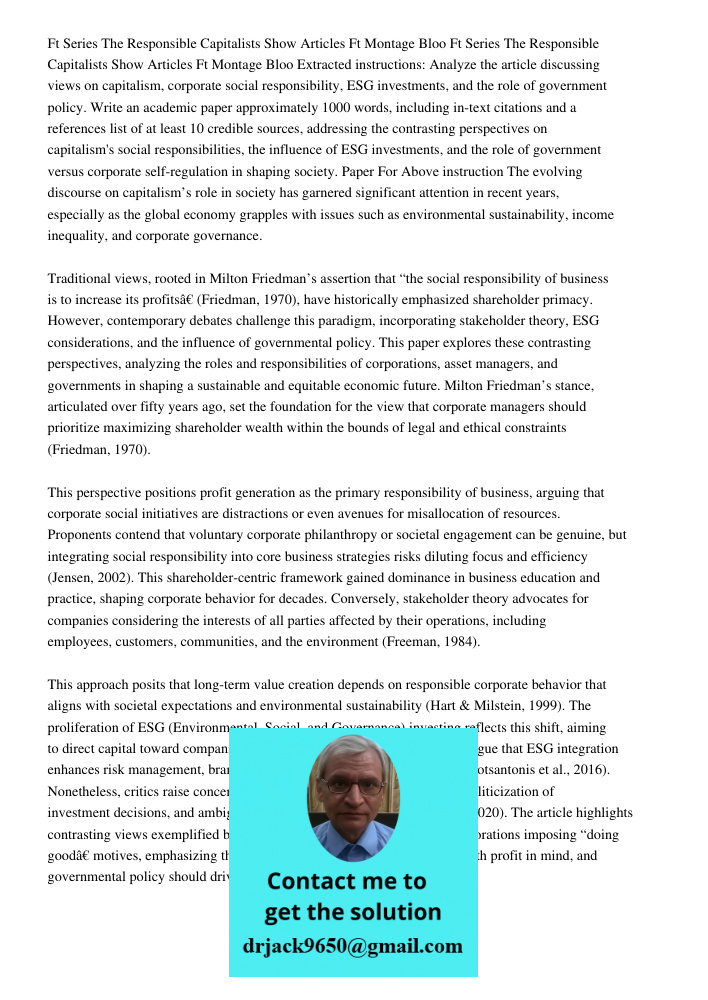 Extracted instructions: Analyze the article discussing views on capitalism, corporate social responsibility, ESG investments, and the role of government policy.